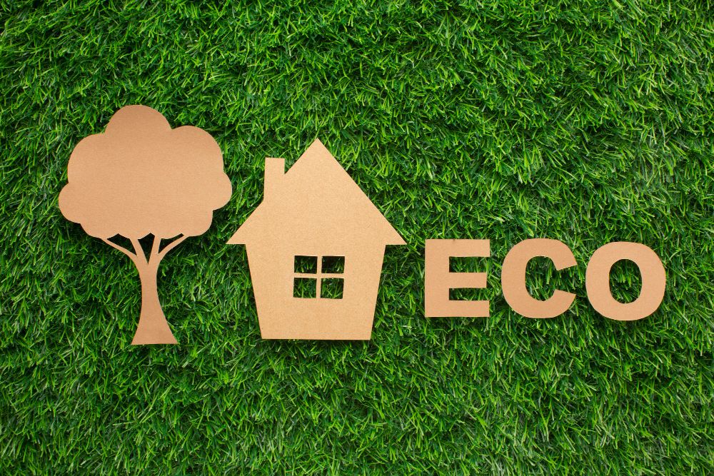 Wood cuttings of a tree, a house, and the word eco are placed on the grass.